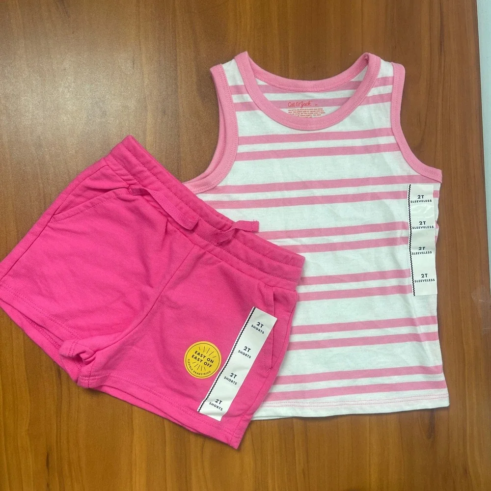 Cat & Jack Girls 2T Pink White Striped Tank Top and Shorts 2-pc Set NWT